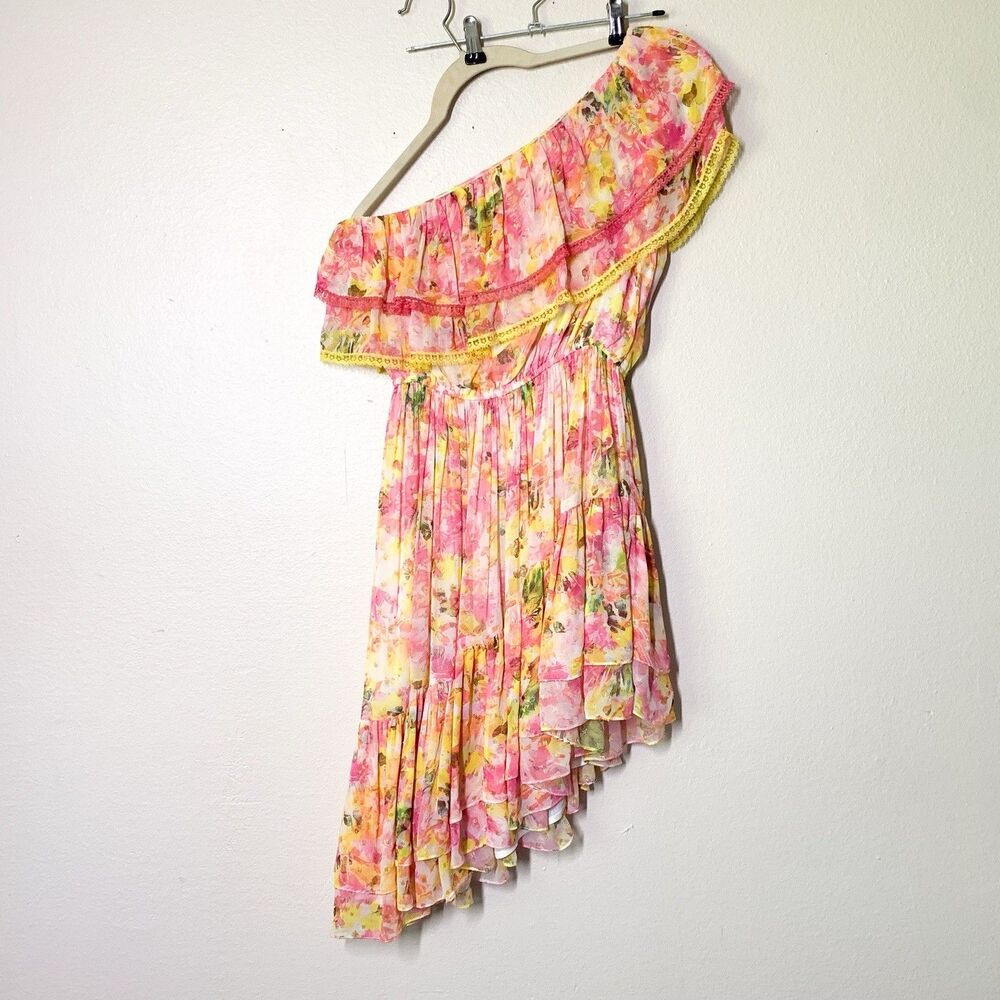 Rococo Sand Nesh One Shoulder Mini Dress XS Ruffle Asymmetric Hem Yellow Pink